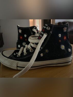 Converse Black High-Top Sneakers with Embroidered Floral Accents